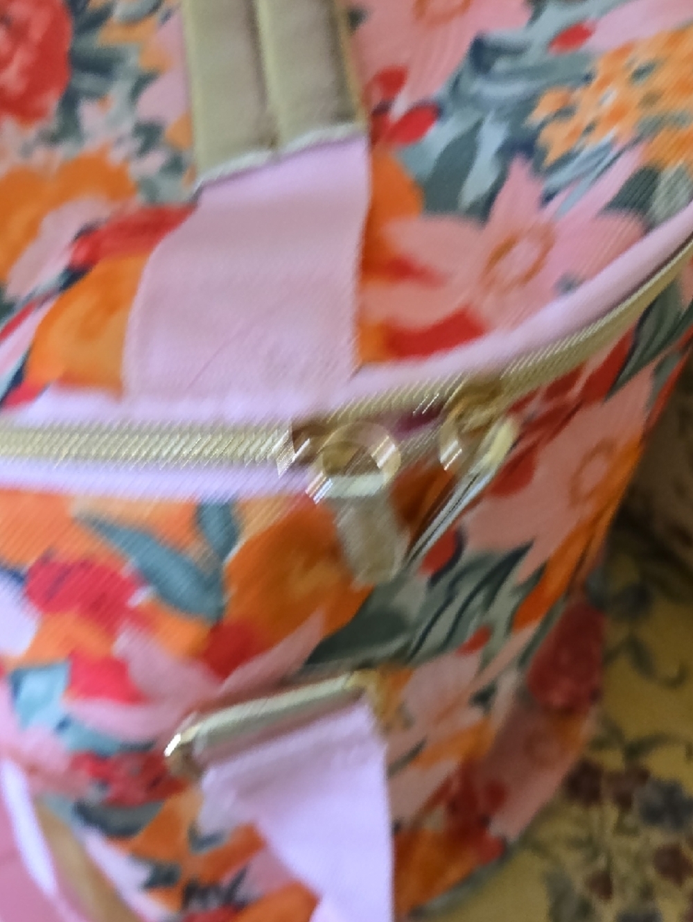 Source Unknown Pink Floral Canvas Bucket Travel Bag with Orange Accents - Picture 3 of 6